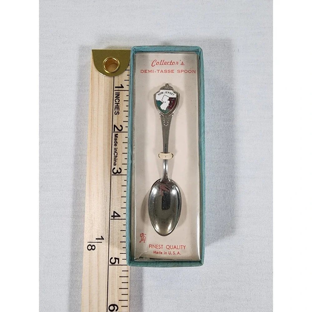 Vintage New Jersey Souvenir‎ Demi-Tasse Spoon Silver Tone Enamel Crest USA Made